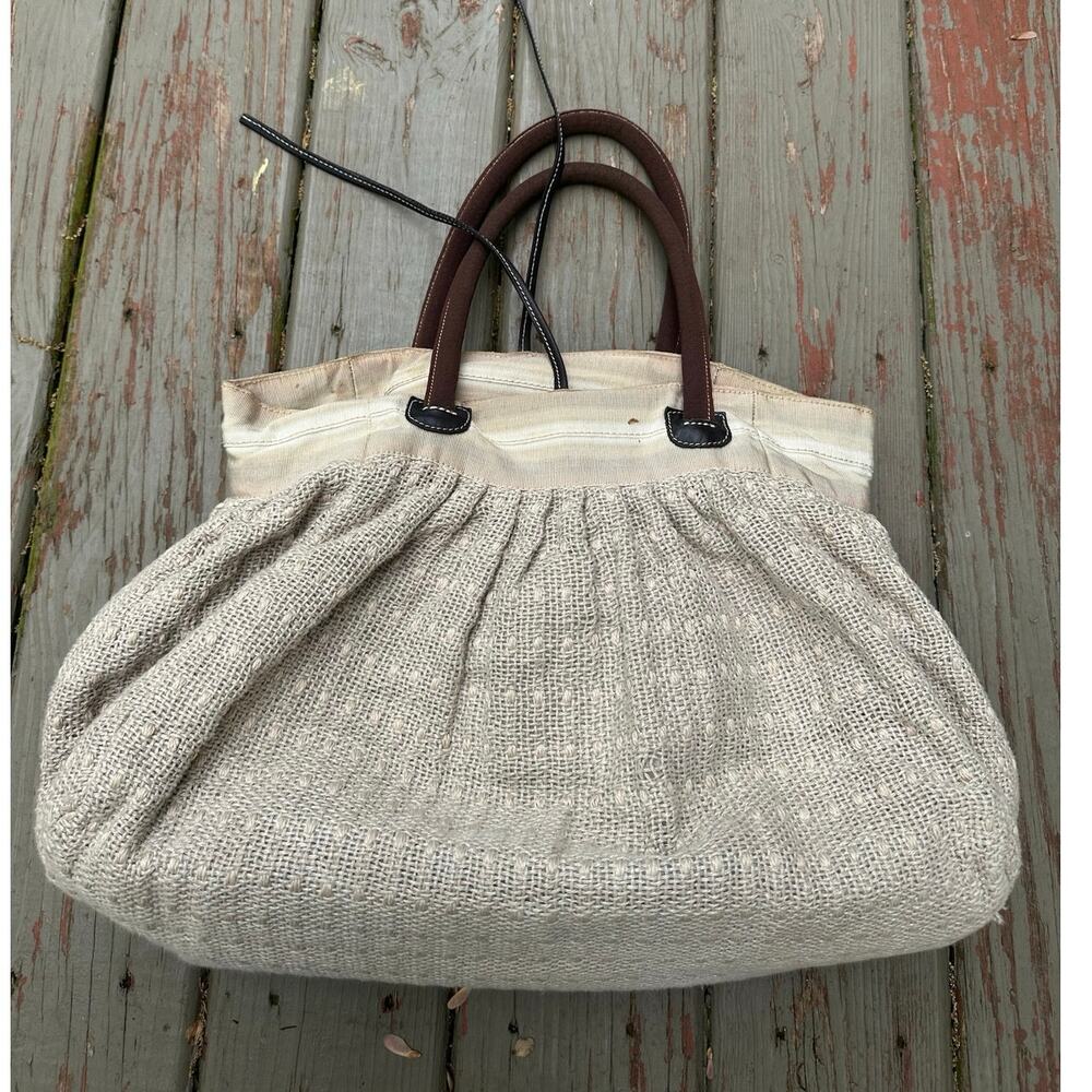 Maria La Rosa Wowen Tote bag canvas leather natural Italy Knit tan+pouch artisan